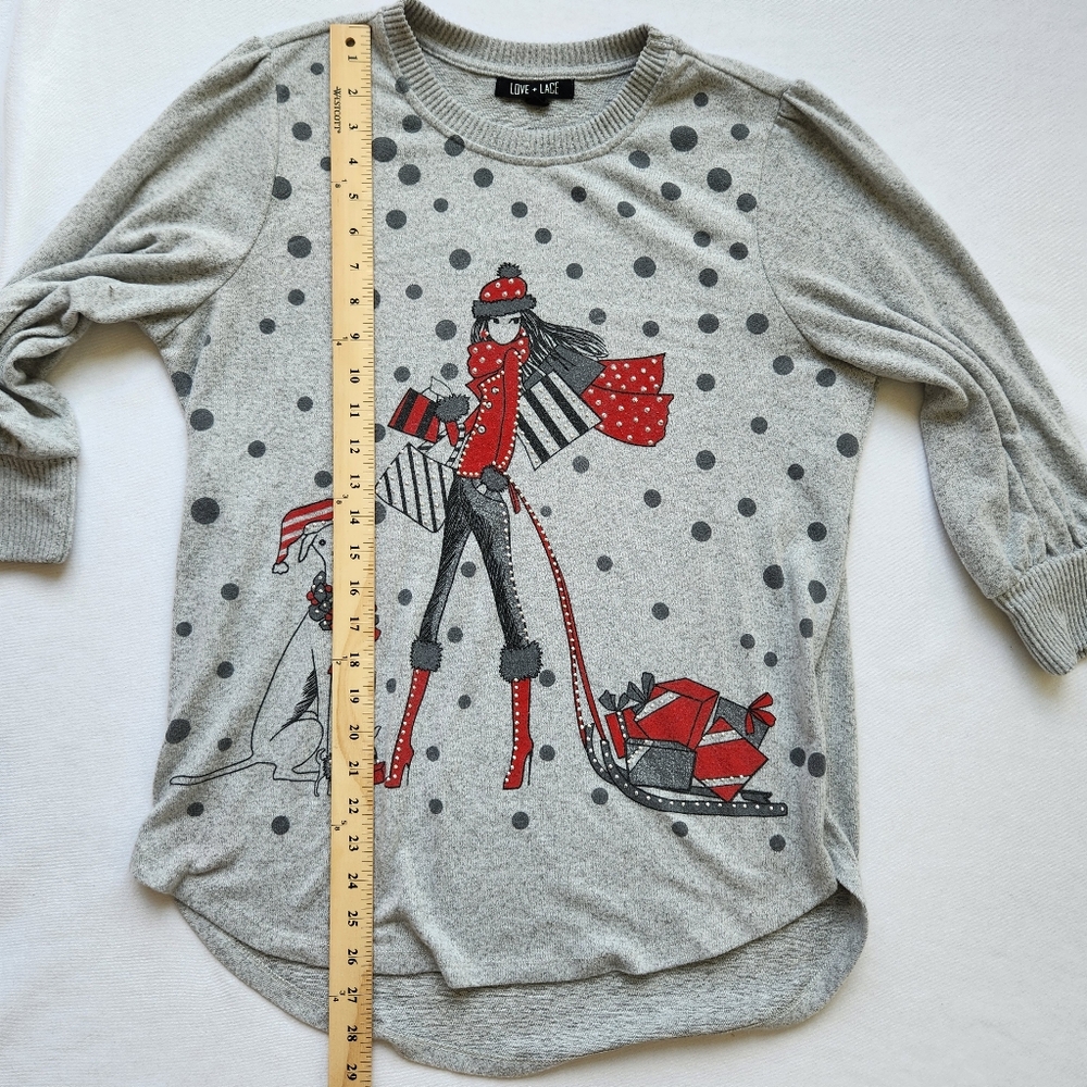 Holiday Sweater Girl & Dog Polka Dots Gray Studs Studded Whimsical Glam - Picture 14 of 16